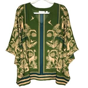 Belle by Kim Gravel SAFARI SOIRÉE PONCHO Size L Cactus Green Print V-neck Blouse